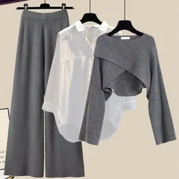 Kadınların Ceketleri Sonbahar Kış 3 Parça Set Seti Kıyafet Ofis Bayanlar Zarif Düzensiz Örme Kazak Gömlek Geniş Bacak Pantolonları Set Kadın Giyim 231206