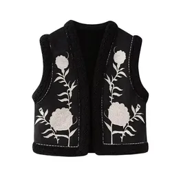 女性SベストZach Ailsa 2023冬のゆるく汎用性のある花刺繍vネック両面ブラックタンクトップベスト231207