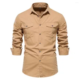 Męskie koszule jesienne bawełniane kieszonkowe mężczyźni solidny kolor długi rękaw Slim Bluzka Wysokiej jakości odzież koszula