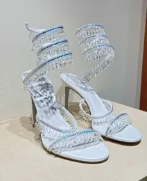 Bridal Renecaovilla Chandelier vind sandaler skor kvinnor kristaller-utmonterade satin orm pärlor lindade remmar klänning höga klackar dam eleganta sandalier eu35-43