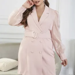 Plus Size Dresses Jacket 2023 Autumn Large Women Fashion Elegant Solid Color Party Patchwork Mesh Lapel Blazer Dress