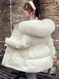 女性Sベストsyiwidii 90アヒルダウンジャケット女性フード付きコートウインドプルーフベルト濃い毛皮の襟固体ジッパーウォームファッション服231207
