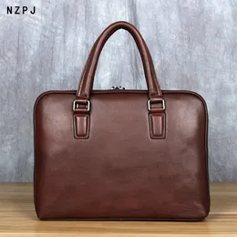 Pastas masculinas vintage pasta superior camada de couro casual bolsa de couro negócios ombro mensageiro saco marrom 14 polegadas bolsa para laptop NZPJ 231207