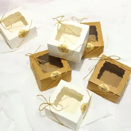 Confezione regalo 10/20 pezzi di carta Kraft scatola per finestra aperta torta di cottura bomboniera scatole per imballaggio di caramelle con adesivo corda matrimonio