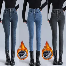 Jeans térmicos jeans femininos neve de inverno quente alongamento da cintura alta senhora skinny espessa calça jeans mãe sexy azul preto cinza calças 231206