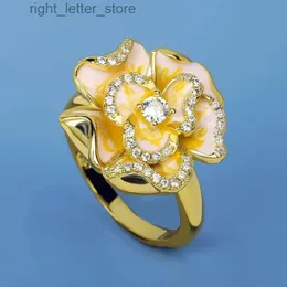 Solitaire Ring Classic 18k Gold Jewelry Golden Flower Women's Enamel Ring Fashion Zircon Flower Ring Bridal Jewelry Gift Handmade Epoxy Enamel YQ231207