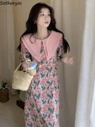 Casual Dresses Dress Women Flowers Students Kawaii Girlish Daily Cozy Midi Summer Retro Loose Leisure Korean Style Double-layer Trendy