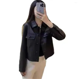 Women's Leather Jacket Clothing Autumn Spring 2024 PU Coat Lapel Fashion Cardigan Outifits Long Sleeve Top Short