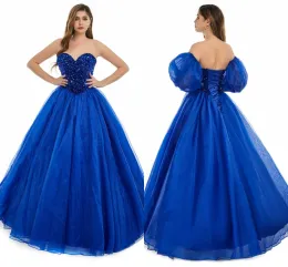 Sexig rygglös Royal Blue A Line Prom klänningar 2024 Nya paljetter Pärlor Sweetheart Corset Back Evening Quinceanera klänningar med poetärmar BM3503 127