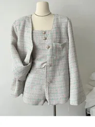 Kvinnor S Two Piece Pants Liten doftande Chic 3 -stycken Fransk stil Chiffon Tweed Jacket Bottom Bröstförpackning Kort för kvinnor Sweet Suit 231207