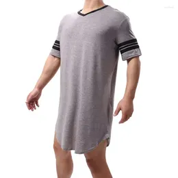 Men's Sleepwear Men Patchwork Color Nightshirt Sleep Tops Short Sleeve V-neck Soft Loose Nightwear Male Casual Homewear Summer Hombre