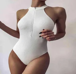 Nova sexy alta pescoço zíper mulheres banho de uma peça maiô feminino monokini corte alto trikini com nervuras maiô natação bodysuit y223683901