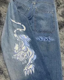 女子ジーンズJNCO Y2Kハラジュクヒップホップタイガーグラフィックゴスレトロブルーデニムパンツメンズ女性ゴシックハイウエストワイドズボン231206