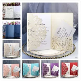 Glittery Wedding Invitation Cards Kits Spring Flower Laser Cut Pocket Bridal Invitation Card For Engagement Graduate Birthday Party Invites