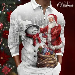 Herrpolos Santa Claus Snowman Casual Men's 3D Print Zip Polo Golf Streetwear Christmas Polyester Long Sleeve Zip Polo Shirts Fall Winter 231207