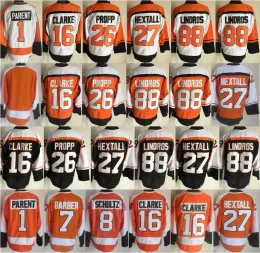 Men Retro Ice Hockey Vintage 16 Bobby Clarke Jersey 27 Ron Hextall 26 Brian Propp 1 Bernie Parent 7 Bill Barber 88 Eric Lindros 8 Dave Schul 58