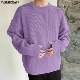 Men's Sweaters INCERUN-Pulls a manches longues pour hommes documents solides col rond pulls masculins decontractes Streetwear 231205