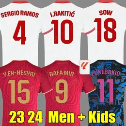 23 24 Sevillas FC 축구 유니폼 Sergio Ramos I.Rakitic Y.EN Nesyri Rafa Mir E. Lamela J.Navas Suso 2023 2024 축구 셔츠 흰색 세 번째 Camiseta 남자 키트 세트