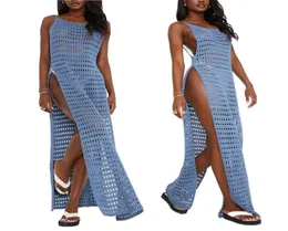 Twopiece Suits Women039s Hollow Out Long Dress Sleeveless Crochet High Split Swimsuit Cover Up Dress6469406