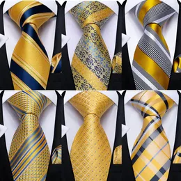 Галстуки на шею Запонки DiBanGu Мужской галстук Желтый полосатый шелковый свадебный комплект для мужчин Носовой комплект запонок Модная деловая вечеринка Drop Design 231206