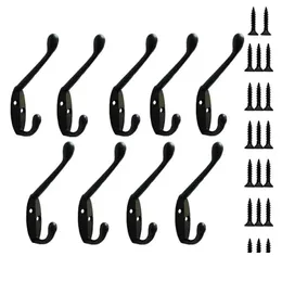 Handduksställ 9 Packrockkrokar Väggkrokskörning Monterad för hatthårdvara Dual Prong Retro Hanger med 20 skruvsvar/gulddropp Deli DHKI2