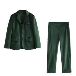 Kvinnors tvåstycksbyxor 2024 Spring Autumn Women Agate Green Velvet Suit 2 -stycken Chic Set Slim Fit Blazer Jackla Coat High Maisted Straight Ben 231206