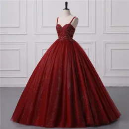 2024 Shiny Burgundy Ball Gown Quinceanera Dresses Sexy Spaghetti Straps Backless Sequins Appliques ong Prom Evening Gowns For Teens BM3505