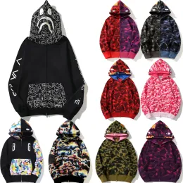 Designer men's hoodie Shark pattern Double hat Full zipper camo Print sweatshirt Women's Classic Zipper jacket Fashion street hoodie American style