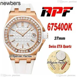 Relógio masculino Audemar Pigue Apf Factory 37mm 6754 Swiss ETA Quartz Womens Ladies Rose Gold Full Paviment Diamonds Bezel Branco Texturizado Dial Stick Marcadores Correia de borracha Sup