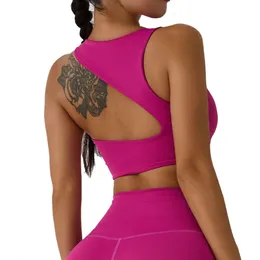 Lu Lu Yoga Outfit Cor sólida Pescoço redondo macio suporte de alta resistência Feminino Sutiã de fitness Colete Ginásio Esporte Alinhar Tanque Top Limão Oco nas costas Push com almofada no peito