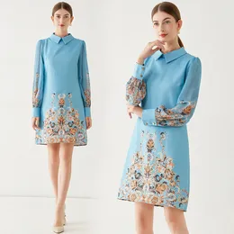 Retro Çiçek Mavi Parti Mini Elbise Uzun Kollu Kadın Tasarımcı Zarif Fit Bebek Yaka Tatil Elbiseleri 2023 Bahar Sonbahar Tatlı Şık Pist İnce A-Line Frocks