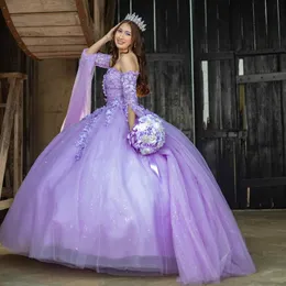 Lawenda Lśniący Quinceanera Sukienki z piłką z ramion gorset kryształowe aplikacje koraliki koronkowe vestidos de 15 anos