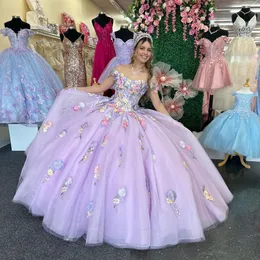 Lavender Shiny Quinceanera Dress Ball suknia Meksykańska 3dflowers aplikacja koronkowa z ramion Słodka 16 księżniczka vestidos de xv anos