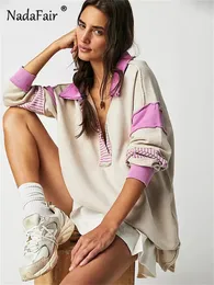 Felpe con cappuccio da donna Nadafair Magliette a maniche lunghe oversize larghe Autunno Inverno Y2K Pullover con colletto rovesciato a righe casual con cappuccio 2023 231207