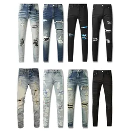 Amirly Designer Stack Stacked Jeans Mens用のヨーロッパの紫色のジーンズはトレンドのためにリッピングされたヴィンテージパンツメンズフォールドスリムスキニーズボン