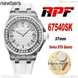 الرجال Audemar Pigue Watch APF Factory 6754 Swiss Eta Quartz Womens Ladies 37mm Steel Case Full Paved Diamonds Pozel White Dial Dial Stick Markers Rubber Su