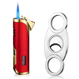 Cigar Lighter Cutter Combo Accessories Set single Jet Torch Flame Butane No Gas Lighters with Punch Needle Gift Box