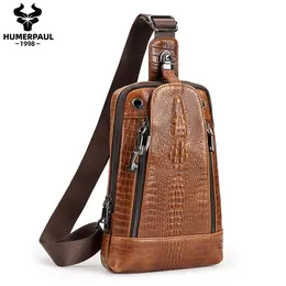 Waist Bags HUMERPAUL Cowhide Grain Men's Chest Pack Alligator Pattern Carry Bags Fashion Shoulder Bag Male Travel Crossbody Bag 231207