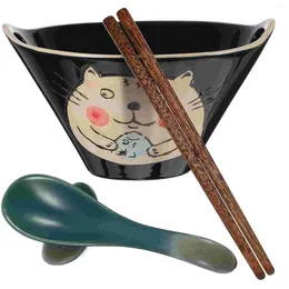 Set di stoviglie Doppio foro Ciotola di noodle Set Zuppa di tagliatelle domestiche con cucchiaio Bacchette Ceramica in legno Cucina giapponese Ramen