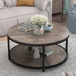 Living Room Furniture 36 Inches Round Coffee Table Rustic Wooden Surface Top Sturdy Metal Legs Industrial Sofa For Modern Design Home Dhoir