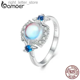 Solitärring Bamoer 925 Sterling Silber Schillernder runder Mondsteinring Seestern Fingerring Pave-Fassung CZ für Frauen Edlen Schmuck BSR446 YQ231207