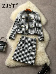 Zweiteiliges Kleid ZJYT Vintage Hahnentritt-Sets 2 für Damen Outfit 2023 Langarm Tweed Wolljacke Rock Anzug Elegante Bürodame 231207