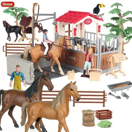 Action Toy Figures Oenux Farm Stable House Model Action Figures Emulational Horseman Horse Animals Playset Figur Söt Utbildningsbarn Toy Gift 231206