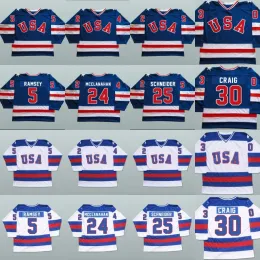 Хоккейные майки Miracle On Ice 1980 года 5 Майк Рэмси 9 Нил Бротен 25 Базз Шнайдер 100% прошитая хоккейная майка сборной США