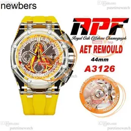 Relógio masculino Audemar Pigue Apf Factory 44mm Aet Remould A3126 Cronógrafo masculino caixa de material composto transparente e mostrador de borracha amarela super versão Reloj Hombr