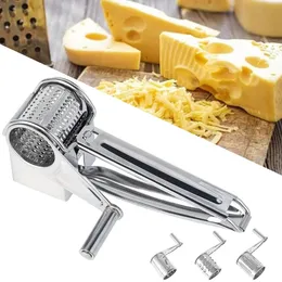 Cheese Tools Rotierende Käsereibe mit Griff, 3 Trommelklingen, wiederverwendbarer Edelstahlschneider, Hobel, Butter, Handschredder, Küchenhelfer 231206