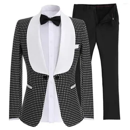 Herrar Slim Fit Polka Dots Suit Shawel Lapel One Button Tuxedo Two Pieces Set