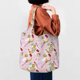 Sacos de compras Sailors Manga Moon Acessórios Canvas Mulheres Capacidade Portátil Mantimentos Tote Shopper Pogal Hangbag