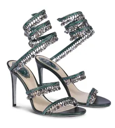 Элегантные свадебные сандалии ReneCaovilla с люстрами 2024S/S, женская обувь, украшенная кристаллами, атласные змеиные бусины, вечернее платье с обернутыми ремешками, женские сандалии на высоком каблуке