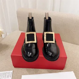 Botas cortas para mujer Otoño e Invierno nuevas botas casuales de moda con hebilla cuadrada de diamantes de imitación y hebilla de Metal para mujer 121523a